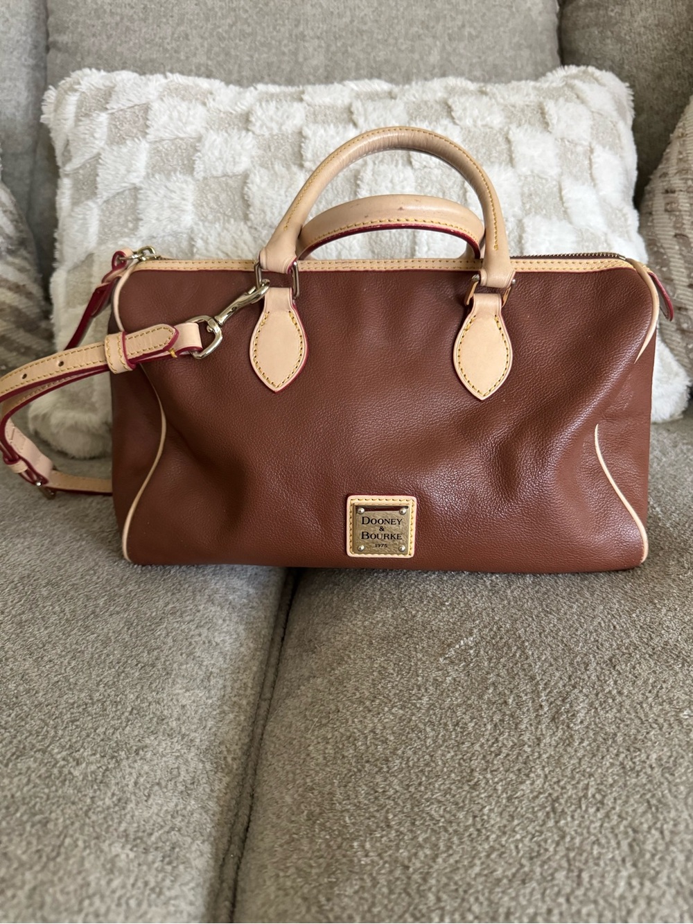 Dooney & Bourke Brown Leather barrel Satchel with Tan Handles